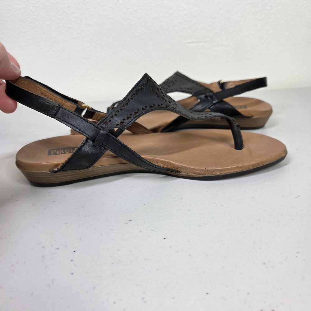 Pikolinos Black and Tan Women's Thong Sandals Lazer Cut-out - Picture 14 of 16